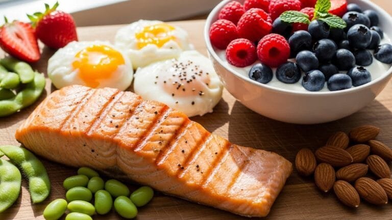 Fresh high-protein foods including salmon, eggs, Greek yogurt, and nuts for healthy aging and longevity