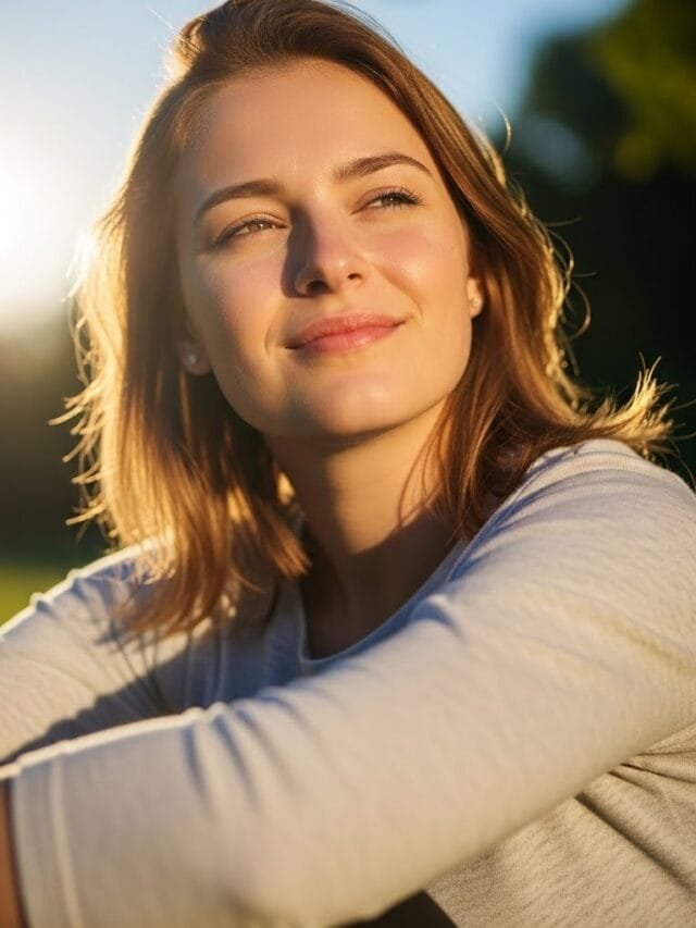 Young adult enjoying morning sunlight outdoors with relaxed, positive expression.