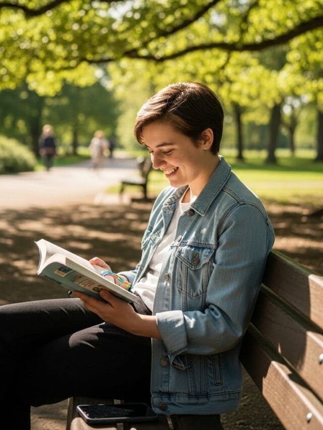 Young adult enjoying outdoor moment without phone, relaxed and present.