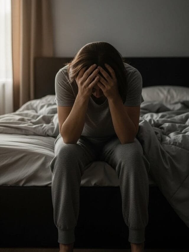 POV shot of a woman sitting on the edge of her bed, head in her hands. Soft early-morning window light. Muted colors. Emotion: exhaustion, overwhelm, relatability.
