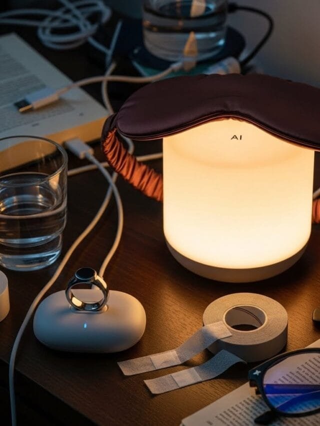 POV shot of my nightstand overloaded with sleep tech: a smart ring charging, mouth tape roll, silk eye mask, and a glowing AI lamp. Dim, moody lighting. Feels obsessive, cluttered, maximalist wellness. No text in image.