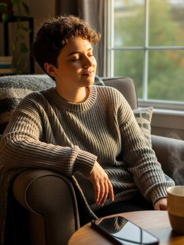 Young adult enjoying a calm phone-free morning by the window.
