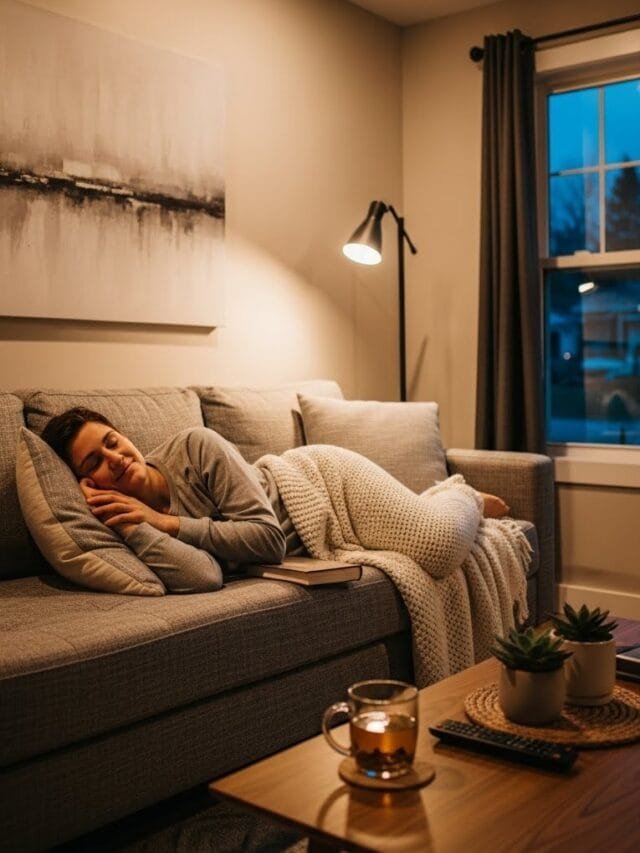 Person relaxing at home under warm evening lighting for a calm night routine