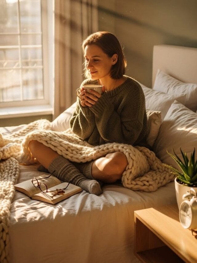 Person wrapped in a cozy blanket, sipping tea in soft morning light, looking calm and reflective.
