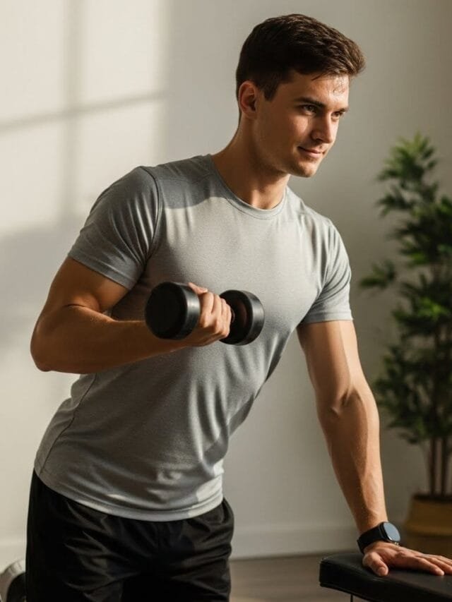 Man doing a slow, controlled dumbbell row in natural morning light with a calm, focused expression.