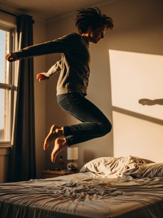 Person jumping beside bed in the morning with sunlight, capturing a candid moment of a simple wellness routine at home.