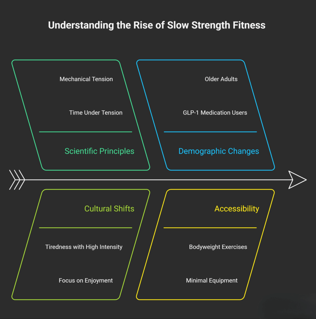 Diagram explaining why slow-strength fitness is rising, showing scientific principles, demographic shifts, cultural trends, and accessibility factors.
