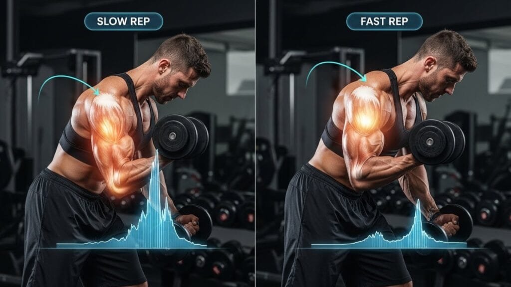 Slow bicep curl phases eccentric pause concentric for optimal muscle growth
