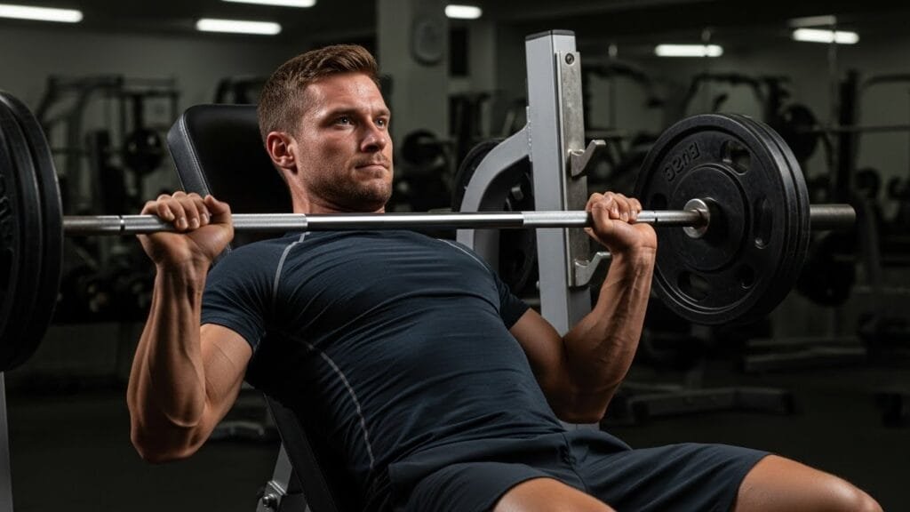 Man executing slow tempo bench press maximizing time under tension TUT
