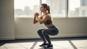 Woman performing slow strength squat with perfect form for controlled muscle tension
