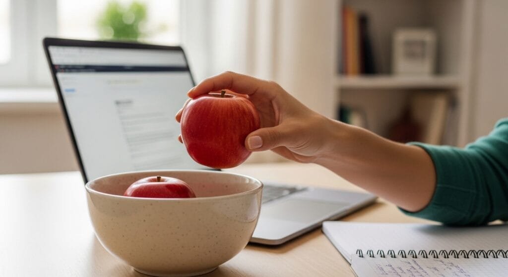 Automatic healthy snacking habit - reaching for apple during work break